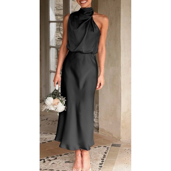 Amazon Dresses & Skirts - Black Satin High Neck Midi Dress Sleeveless Mock Neck Cowl Formal Cocktail